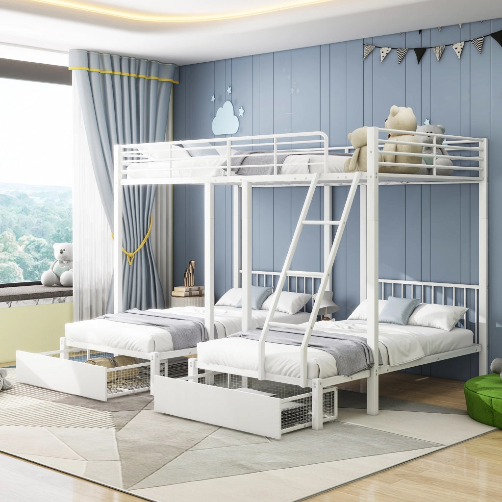 Letto a castello triplo con cassetti metallo bianco 140x200 cm