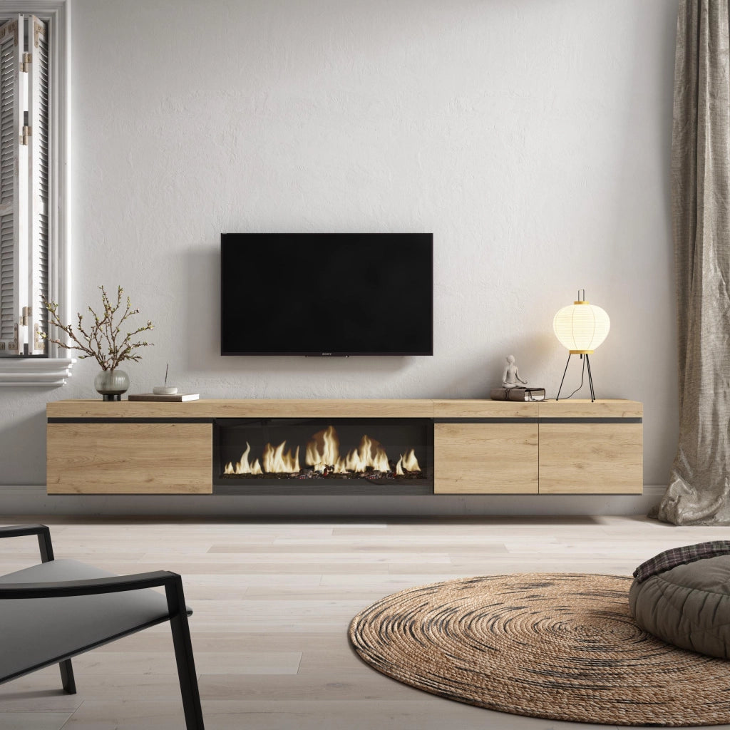 Mobile TV Soggiorno, 288x35x45cm, TV di grande formato, Camino elettrico XXL, da appendere, colore Rovere RF3621