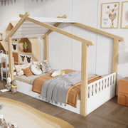 Letto a casetta 90x200 cm con doghe stabili; bianco e naturale