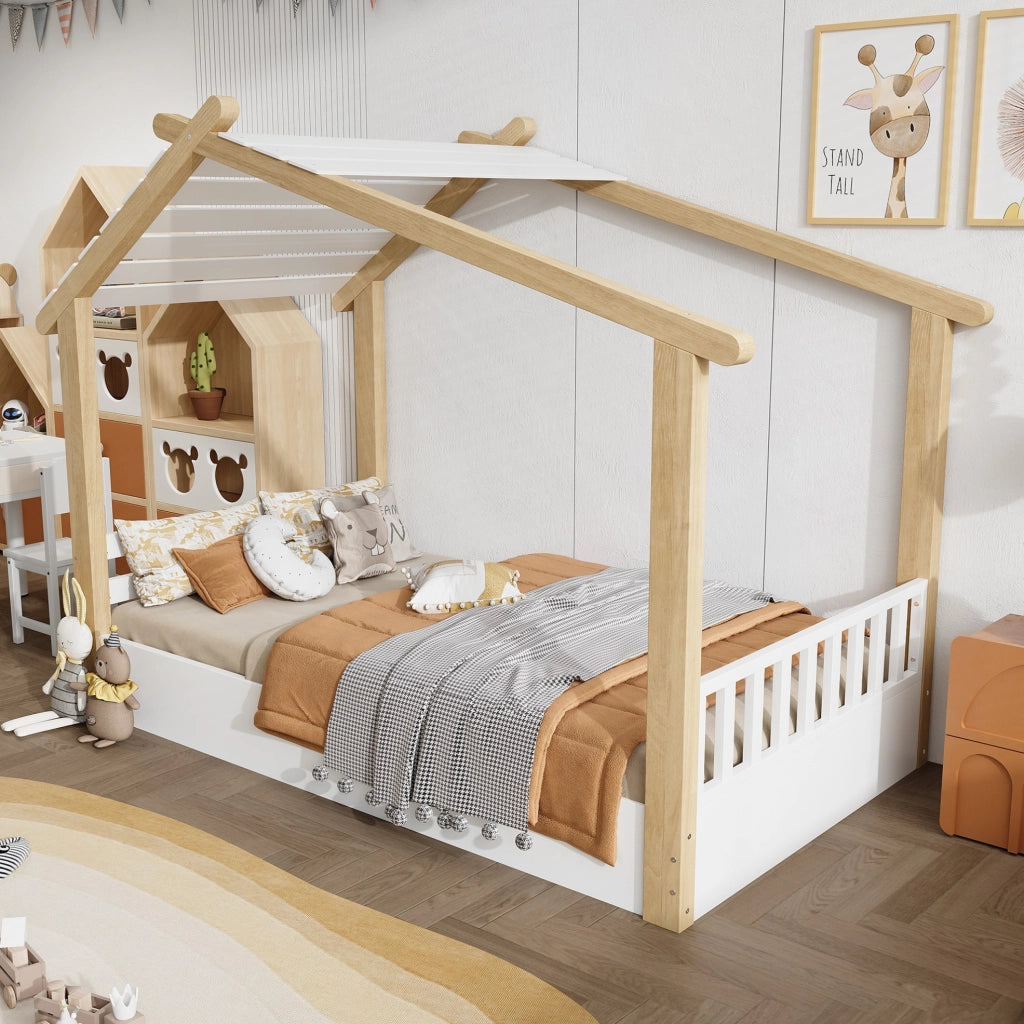 Letto a casetta 90x200 cm con doghe stabili; bianco e naturale