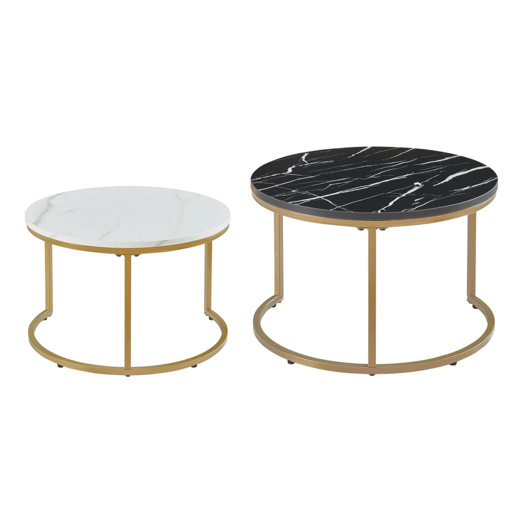 Set di 2 tavolini rotondi impilabili effetto marmo nero bianco e oro 03_0010598