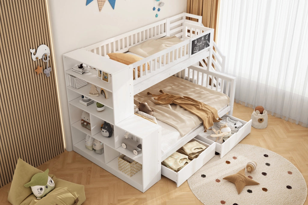 DESMIU Letto a castello per bambini 140 × 200 cm 2 posti con lavagna, scala e vani, senza materasso, bianco