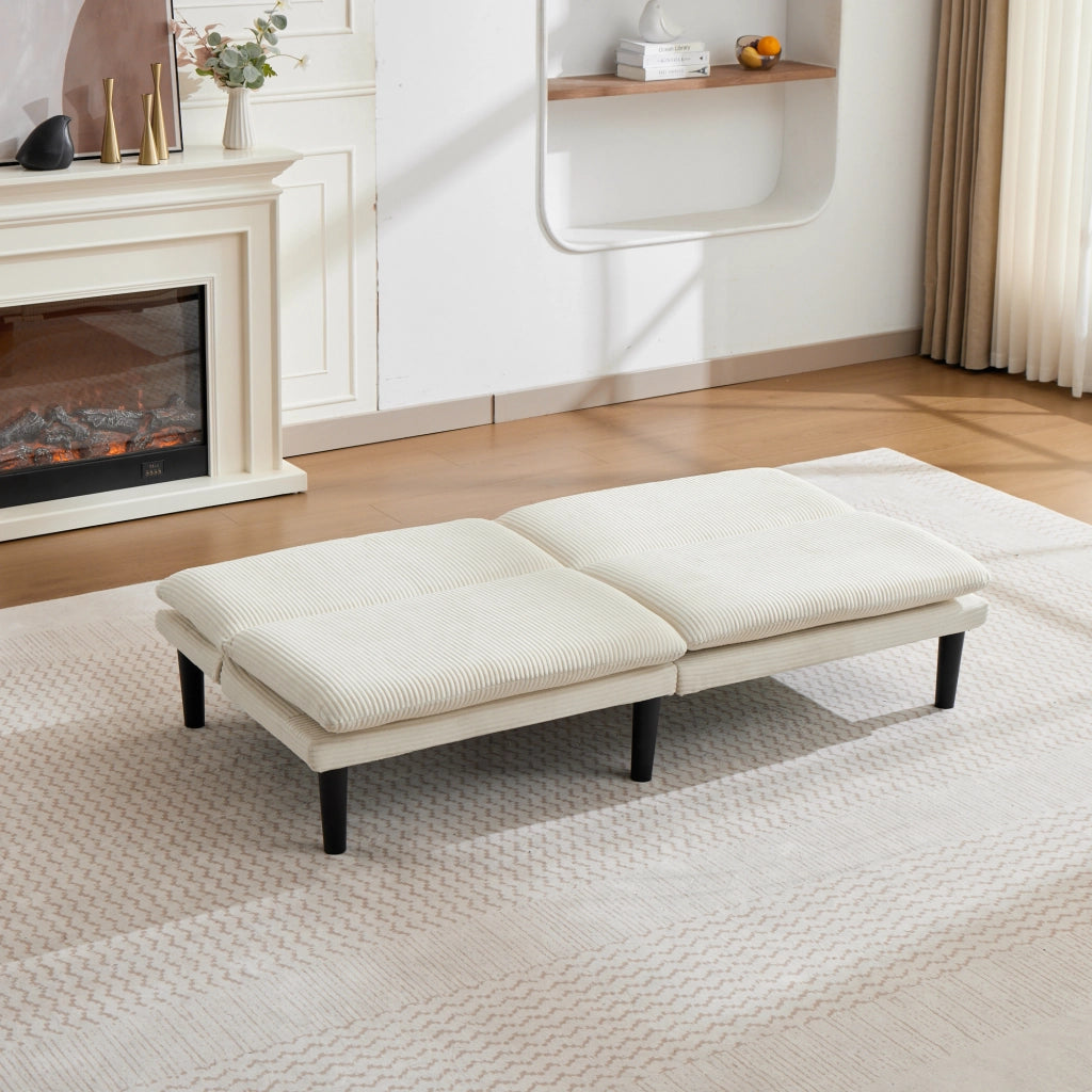 Divano letto a 2 posti con schienale reclinabile a 3 posizioni, rivestimento effetto velluto e struttura in legno, beige