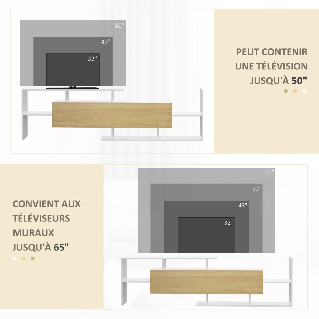 Mobile TV con mensola e panca stile contemporaneo ¨C zephmum ¨C bianco e legno naturale 153.6L cm