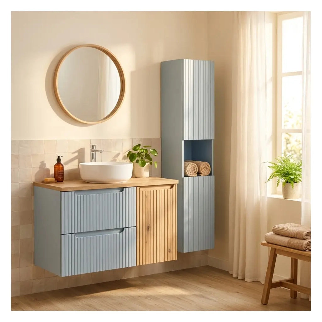 Set VANO blu denim e rovere chiaro 130cm: mobile sottolavabo con cassetti e cesto per la biancheria + piano per lavabo + colonna