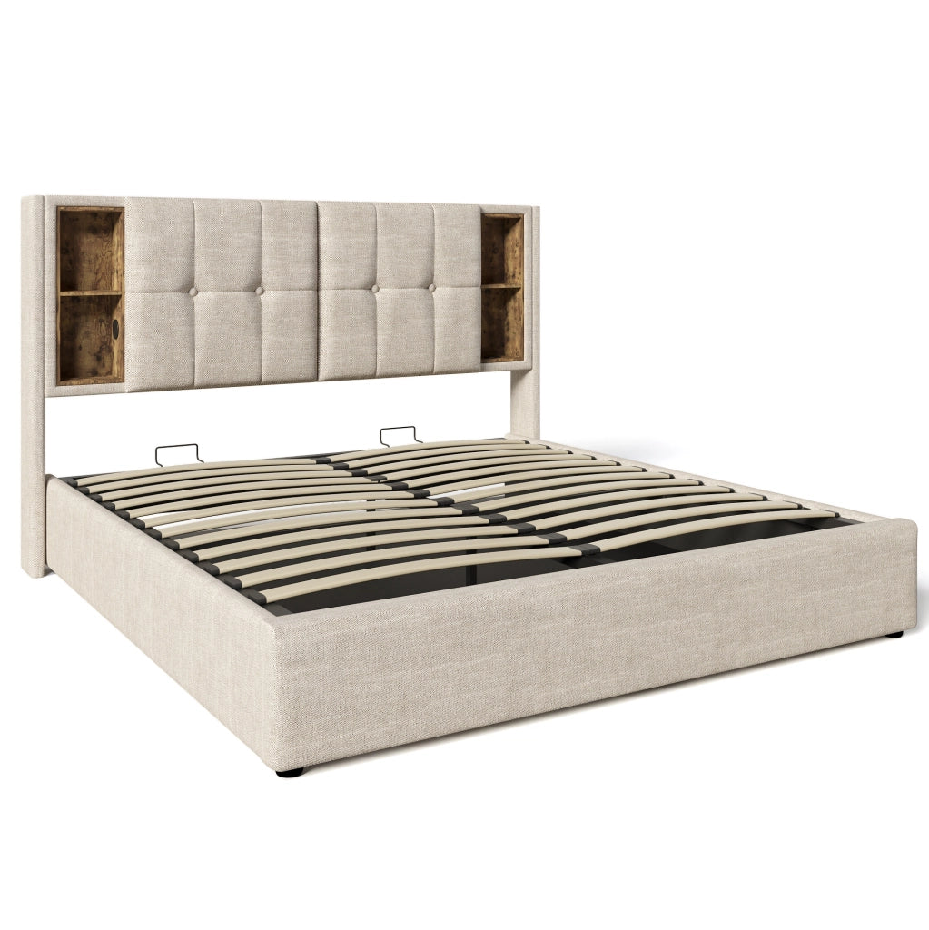 Letto matrimoniale imbottito 160x200 cm con contenitore; ricarica wireless; USB-C e materasso; lino naturale