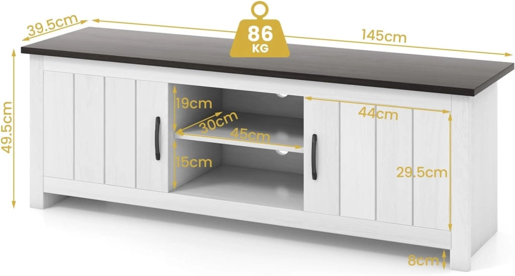 Mobile TV, mobile TV, mobile TV, supporto per TV fino a 65 pollici, cassettiera bassa, in legno, con scomparti aperti e 2 porte, per TV Lowboard, 145 x 40 x 50 cm