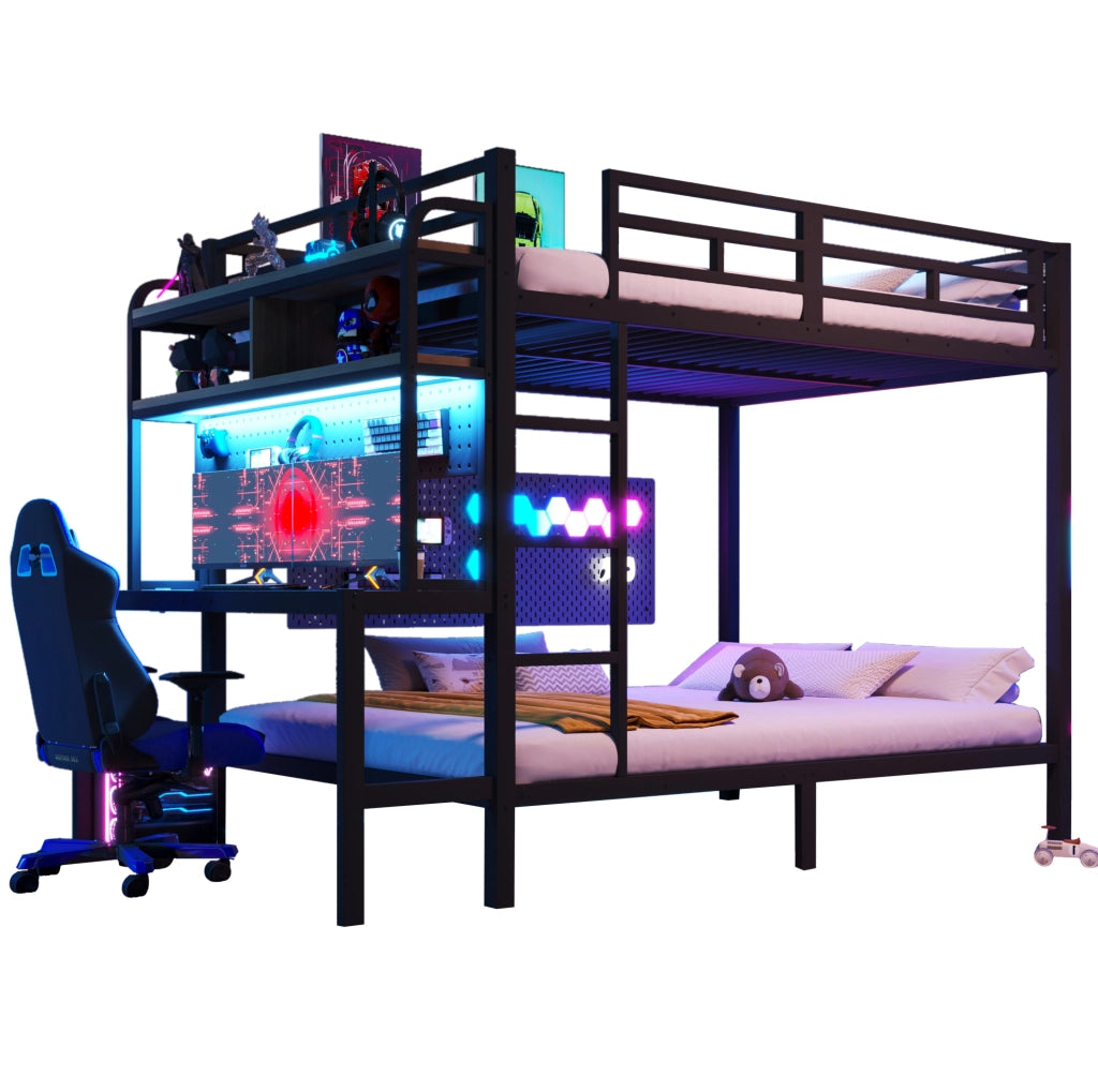 Letto a castello 140x200 cm con scrivania, LED e USB nero