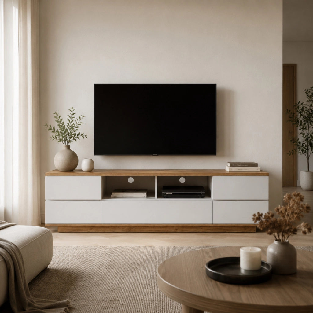 Mobile Tv Moderno Con 4 Ante 1 Anta A Ribalta 2 Vani A Giorno Con Passacavi Per Soggiorno Zona Living Salotto In MDF Resistente 180 x 38 x 46 Cm Bianco E Rovere