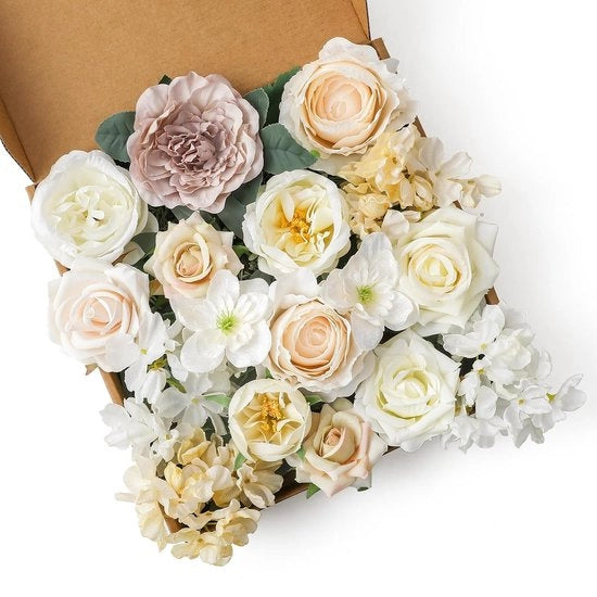 Combinazione di Fiori Artificiali per Box Set DIY di Arrangiamenti di Fiori per Matrimonio, Doccia di Nozze, Festa, Decorazioni per la Casa (Ivorino Finto Fiore di Rosa)