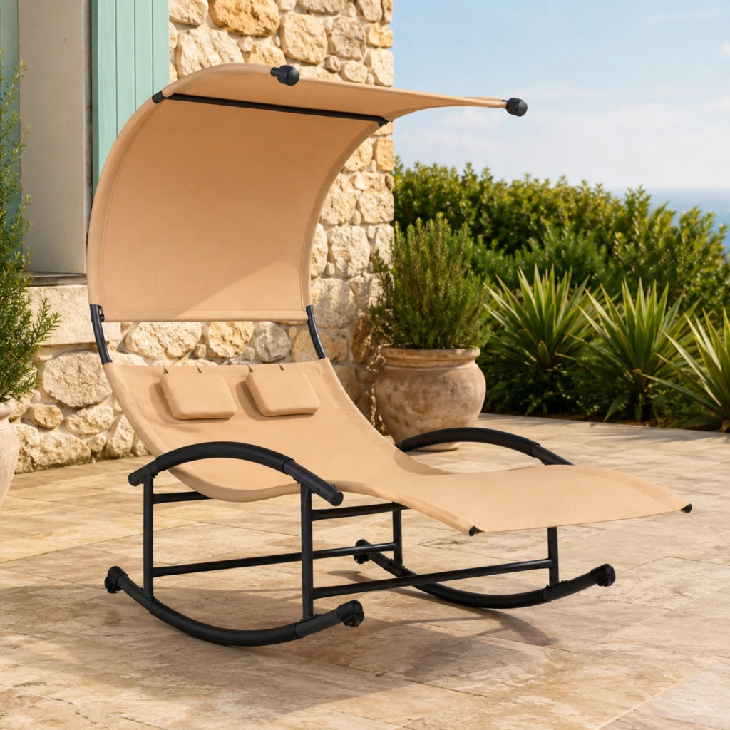 Lettino 2 Posti Dondolo Con Parasole Integrato Ideale Per Giardino Piscina Outdoor Design Ergonomico In Textilene Traspirante Struttura In Acciaio E Cuscini Inclusi 140x200x185 Cm Beige