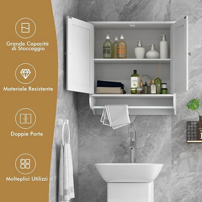 Mobile da Bagno Sospeso, Armadietto da Parete con 2 Ante Barra Porta Asciugamani e Ripiano Regolabile, Salvaspazio Stile Moderno, 60 x 21 x 61 cm (Bianco)