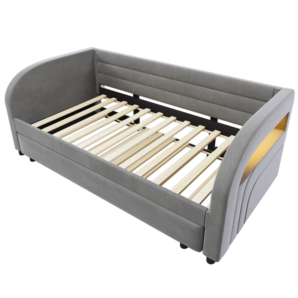 Letto piattaforma imbottito 90x200 cm con letto estraibile e illuminazione LED; grigio