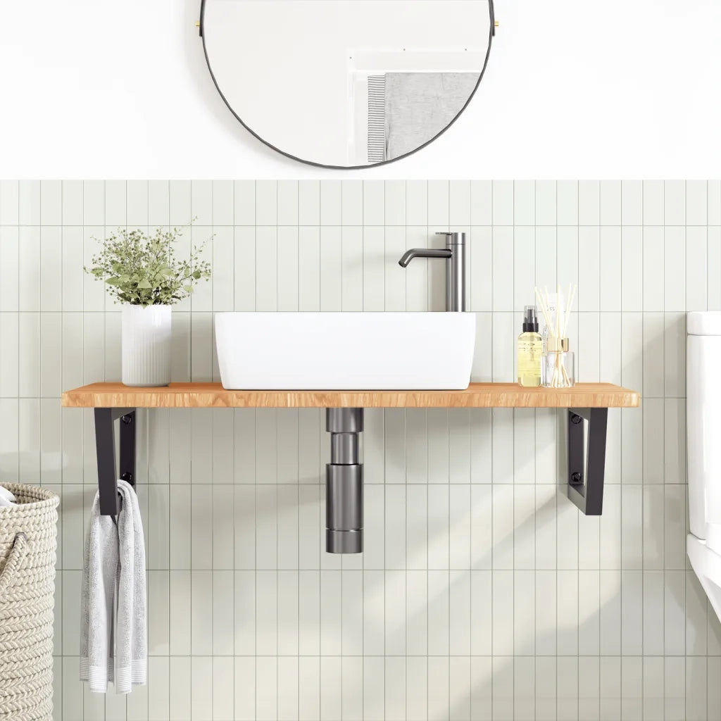 Ripiano a Parete per Lavabo-Mensole a Muro in Acciaio e Massello di Rovere 589816