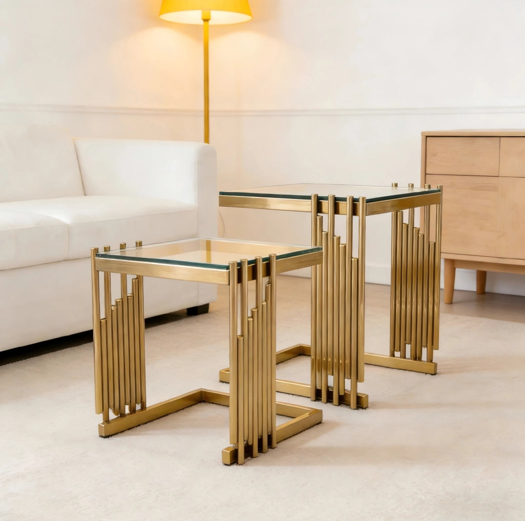 Set di 2 tavolini quadrati oro con vetro temperato trasparente