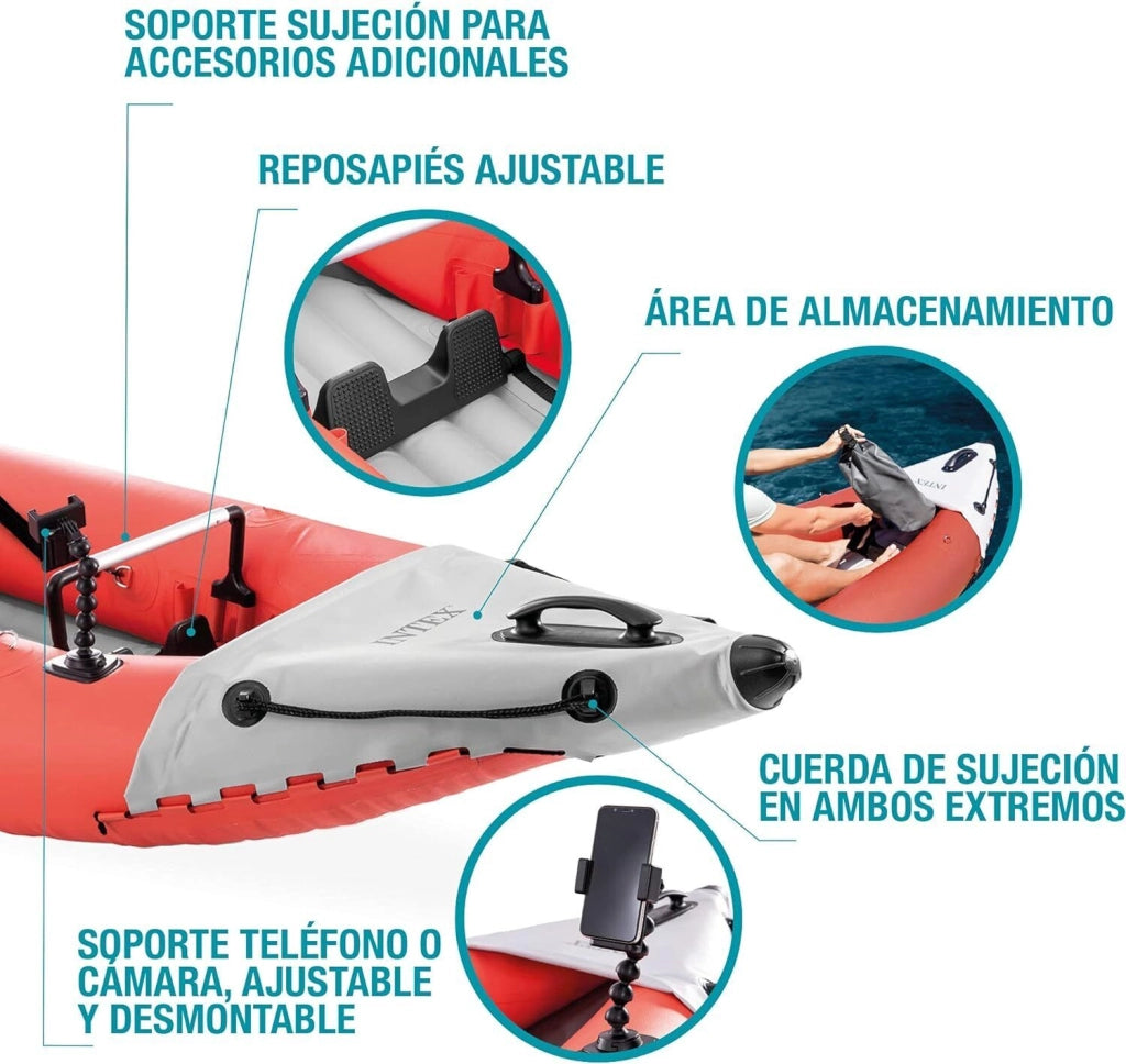 Intex 68303NP Excursion Pro K1 Kayak Gonfiabile 1 Posto 305x91x46 cm portata 100 Kg 2 Skeg Rimovibili colore Rosso