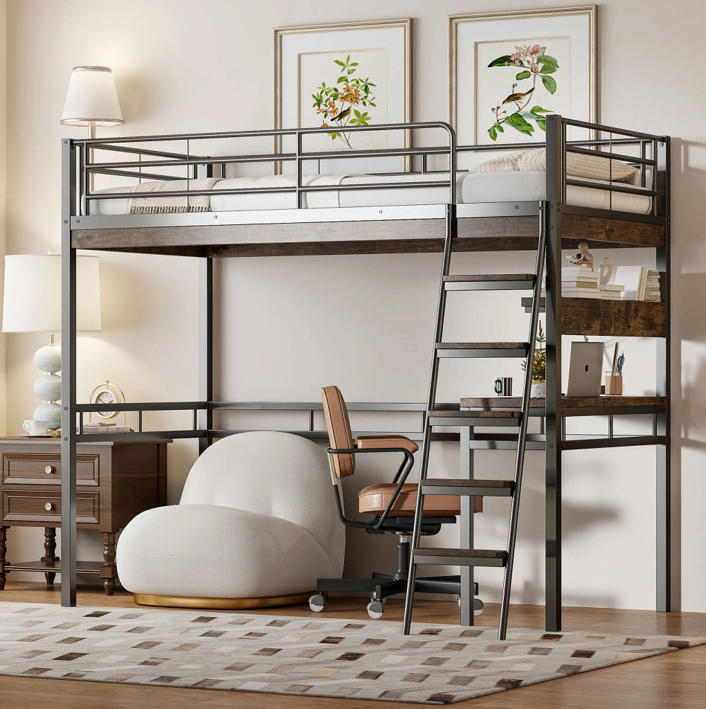 Letto a soppalco 90x200 cm con scrivania e ripiani, nero