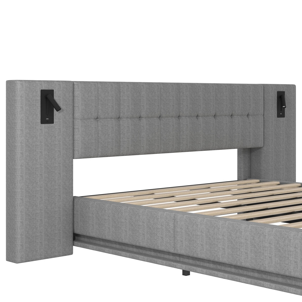 OKWISH Letto Imbottito 180×200 cm, Letto Matrimoniale con LED Regolabile, Luce Lettura e USB, senza Materasso, Lino, Grigio