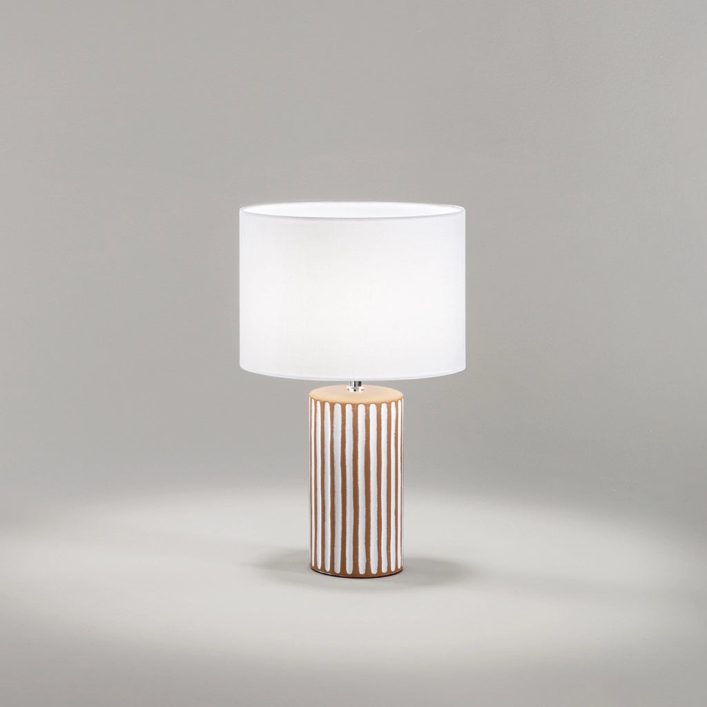 Lampada Tavolo Contemporanea Tribale Ceramica Marrone Bianco Tessuto 1 Luce E27