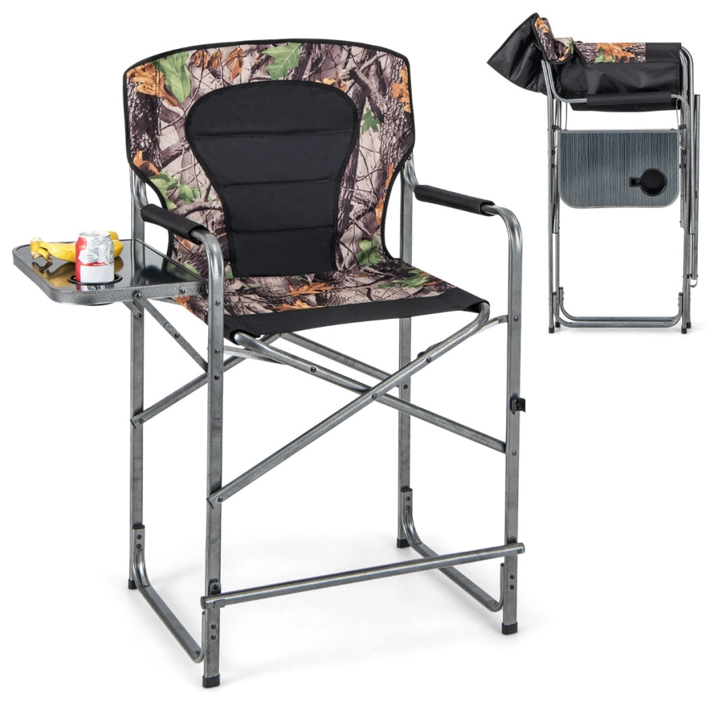 Sedia da caccia pieghevole con tavolino laterale poggiapiedi rimovibile, Sedia da regista portata 150kg 62x56x110cm-Tavoli e sedie da campeggio