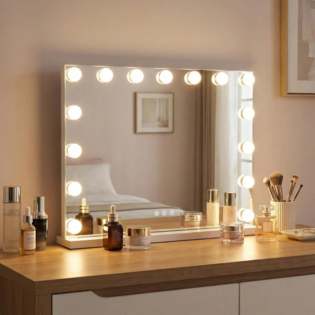 Specchio da Trucco Hollywood con Luci, 58x43cm, Specchio Illuminato da Tavolo con 3 Colori e Luminosità Regolabile, Controllo Tattile per Camera da Letto e Camerino