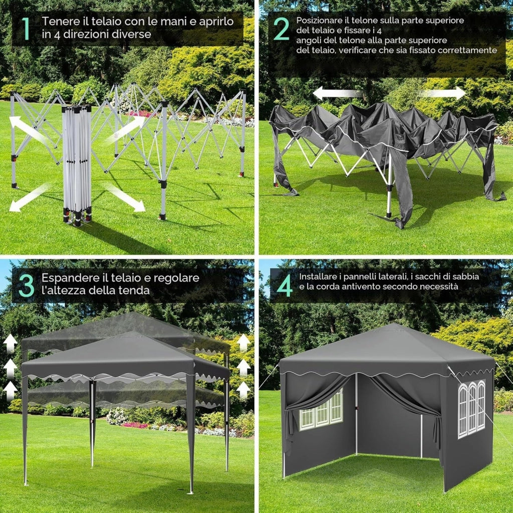 Gazebi Pieghevole con Oxford Tenda Impermeabile, Padiglione Giardino Protezione UV 50+, Tenda per Feste (Grigio), Sacchi di Sabbia 4 PCS
