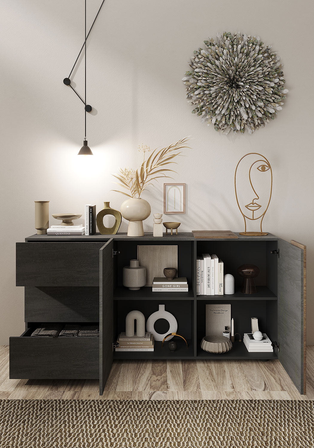 Madia Design Moderno 2 Ante 3 Cassetti Venus 181x44x84 cm Titanio E Noce Mercure