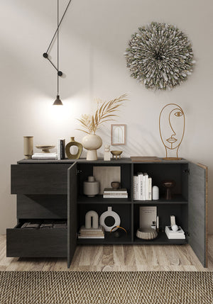 Madia Design Moderno 2 Ante 3 Cassetti Venus 181x44x84 cm Titanio E Noce Mercure