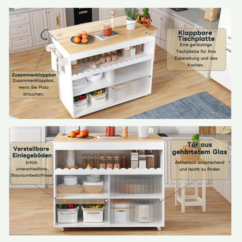 CARRELLO ISOLA CUCINA Pieghevole 122x46(69)x91 cm MDF Bianco/Naturale