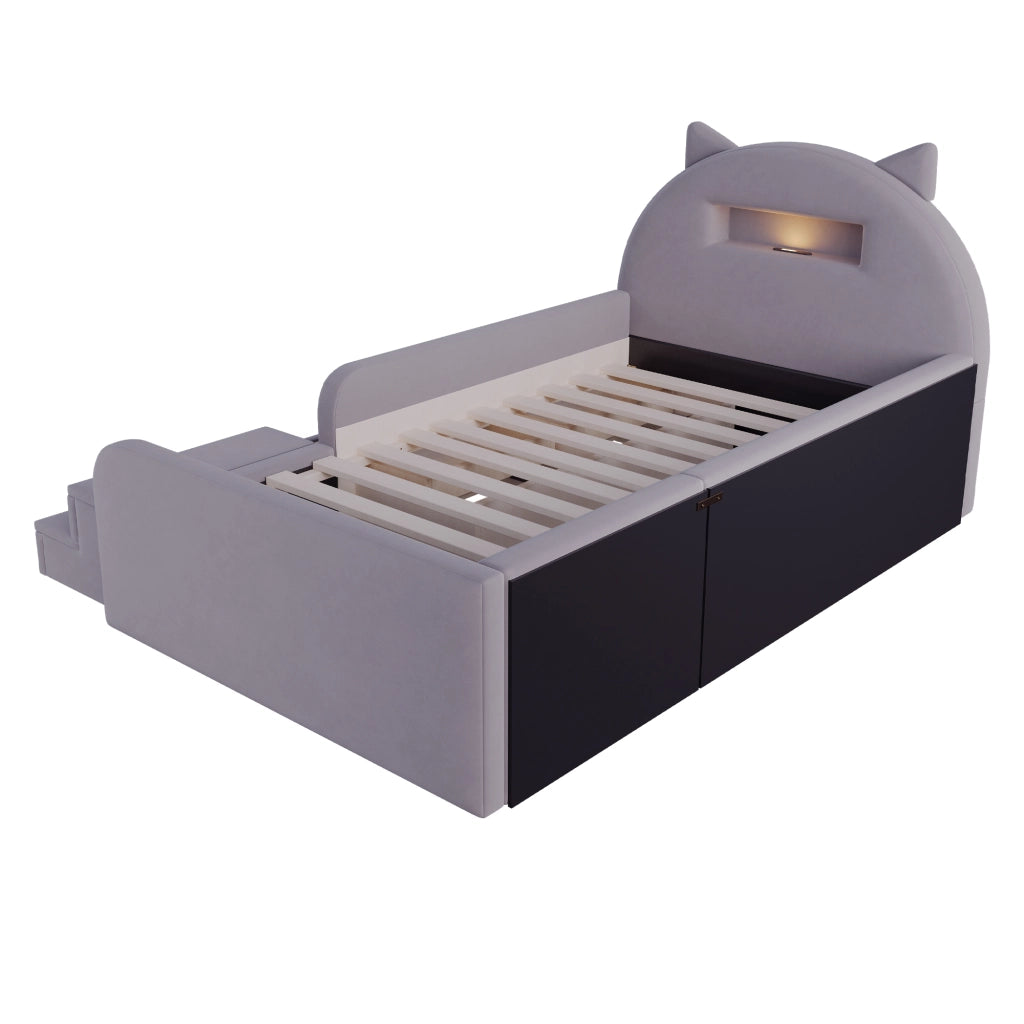 Letto per Bambini 90x200 cm; Letto Singolo con Cassetti; USB e Lampada da Lettura - Grigio Scuro