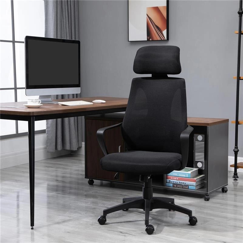 SEDIA DA UFFICIO RECLINABILE CON POGGIATESTA E SUPPORTO LOMBARE IN POLIESTERE 64X55X116-126 CM NERO
