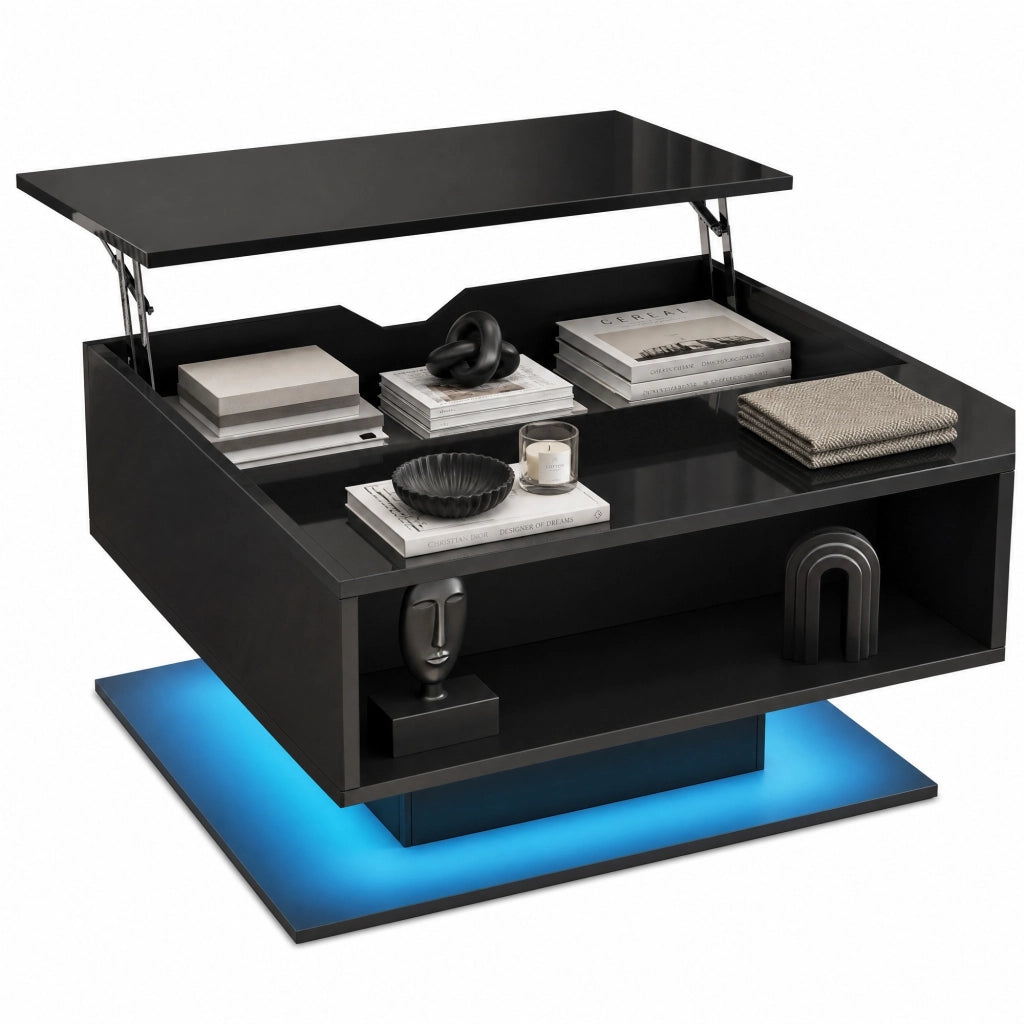 Tavolino elevabile 80x75x40 cm in truciolato nero, LED e vano portaoggetti