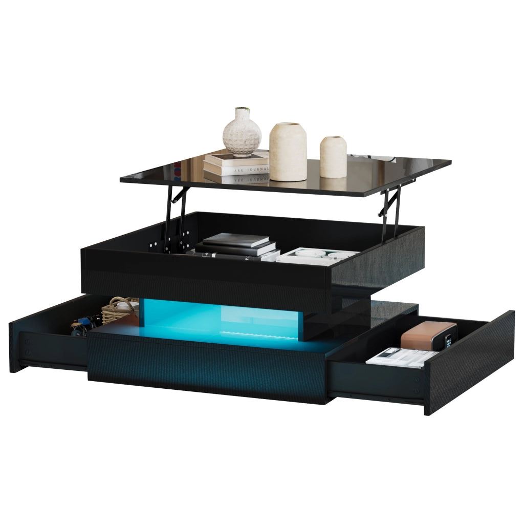 Tavolino da caff猫 65x65x38.5 cm; piano sollevabile con 2 cassetti; pannello truciolare nero