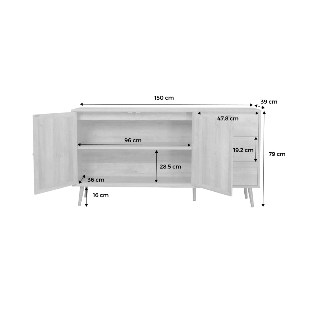 Credenza scandinava a 2 ante in canna, 150cm, bianco sporco
