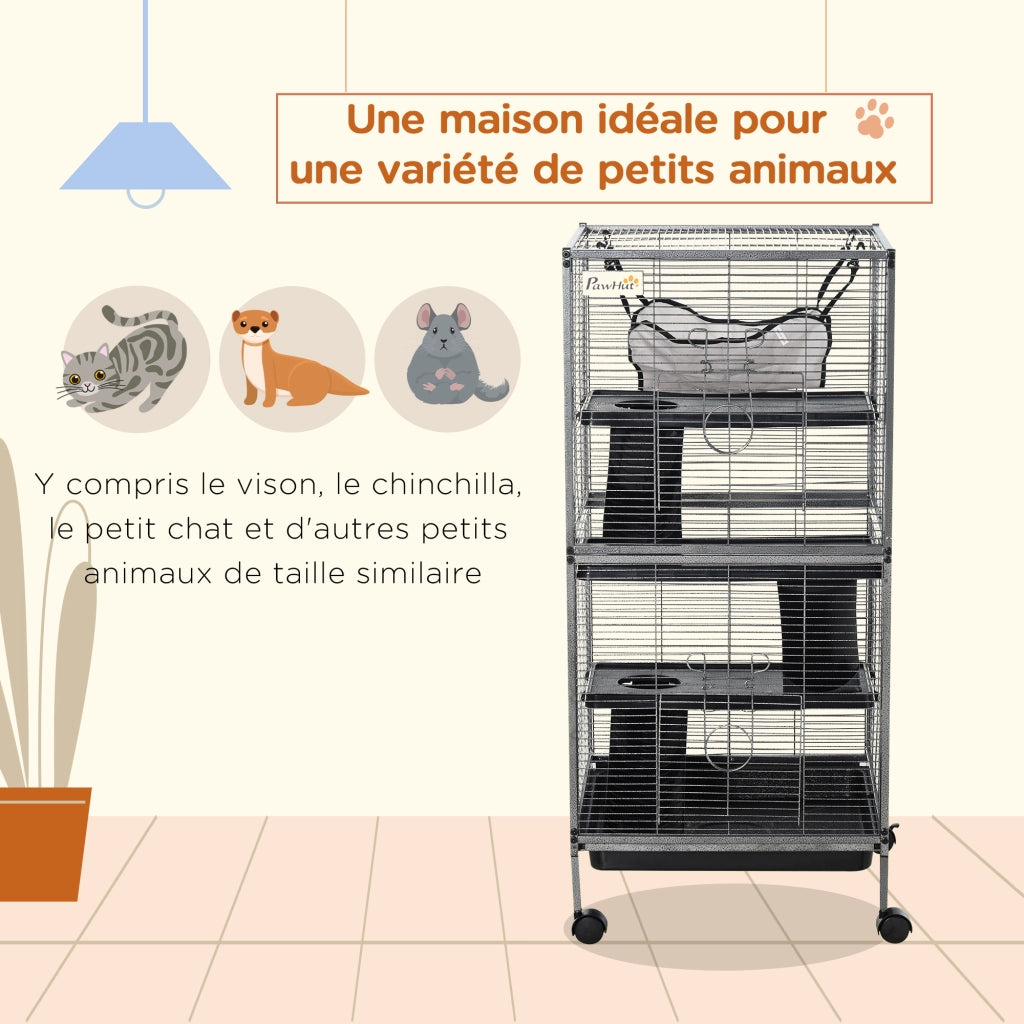 Gabbia per Animali Domestici a 4 Livelli con Ruote ¨C Zephmum ¨C Grigio 52x52x113.5 cm