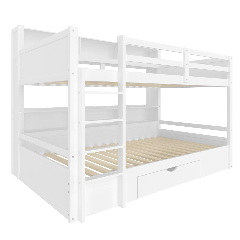 Letto a castello in legno massello con cassetti e scaffali, 90x200 cm, bianco