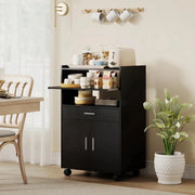 MOBILE MICROONDE IN LEGNO CON CASSETTO, ARMADIETTO A 2 ANTE E 2 RIPIANI, 59X40X92 CM, NERO