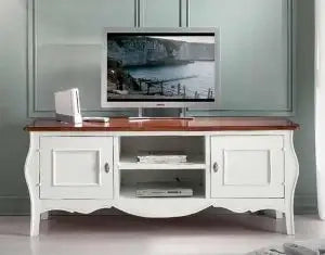 Mobile Porta tv bombato Shabby chic 2 ante 2 vani mod Venezia bicolore bianco e noce