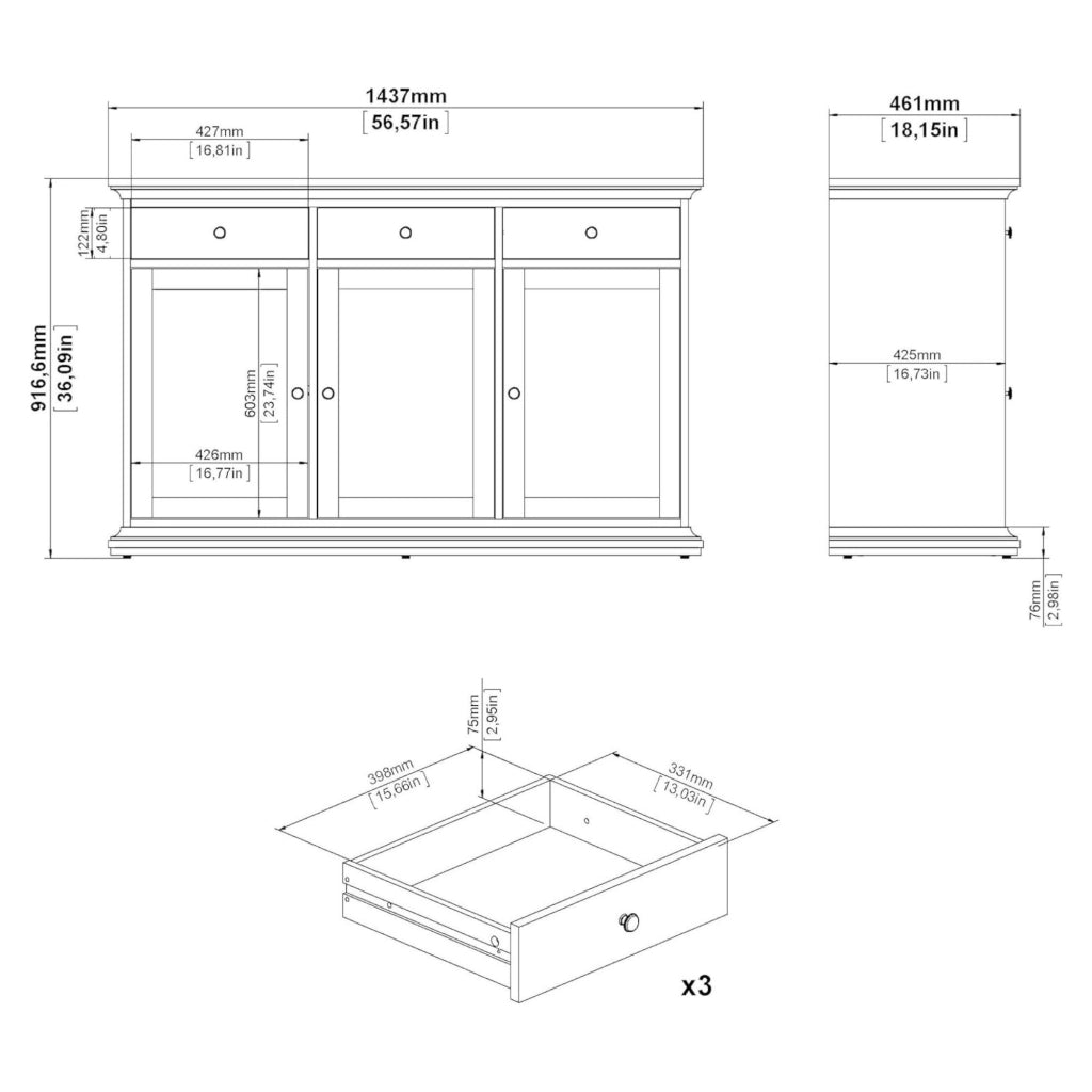Credenza Asola, Buffet da soggiorno, Madia da salotto, Dispensa da cucina, 144x46 h92 cm, Bianco
