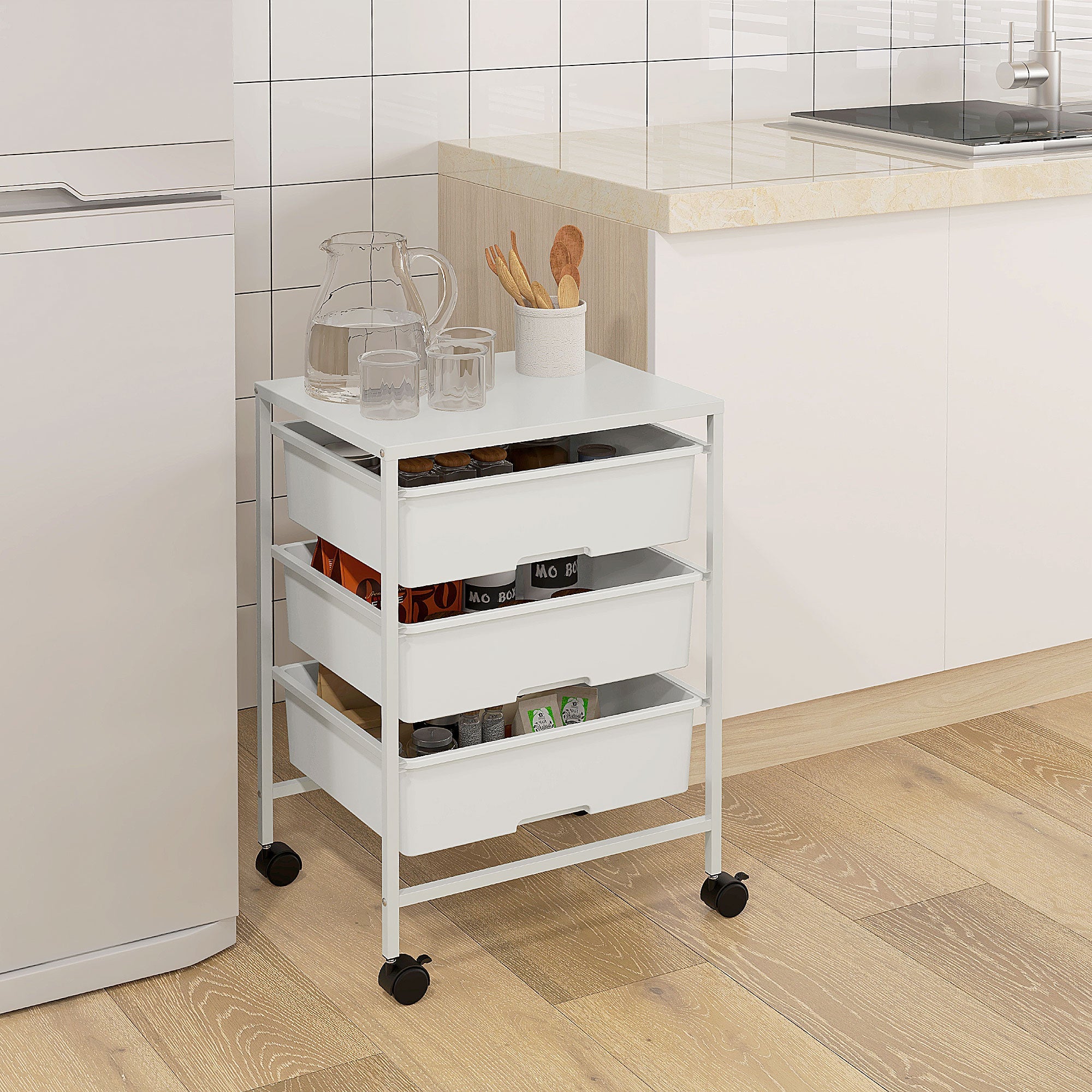 Carrello Multiuso con 3 Cestini Estraibili e Ruote 40,8x33,5x60,5 cm in Acciaio e PP Bianco