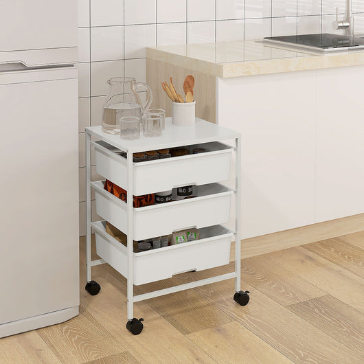 Carrello Multiuso con 3 Cestini Estraibili e Ruote 40,8x33,5x60,5 cm in Acciaio e PP Bianco