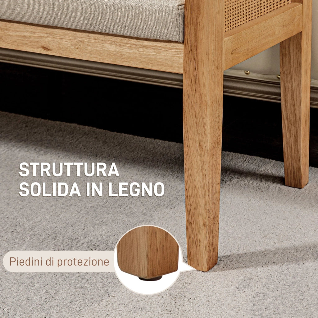 Panca Fondoletto Stile Boho 120x38x61,5 cm Seduta Effetto Lino Braccioli in Rattan Crema
