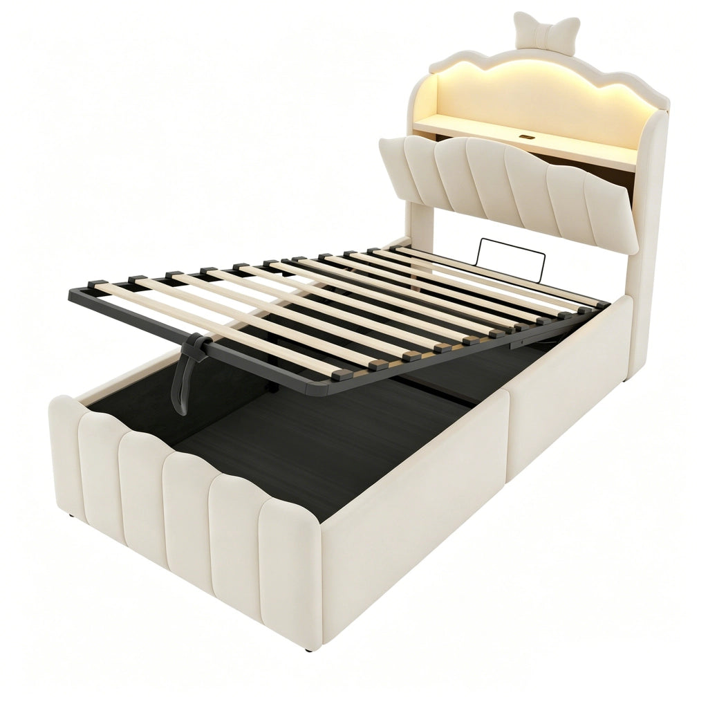 Letto per bambini imbottito 90x200 cm con contenitore idraulico; LED; USB e USB-C; beige