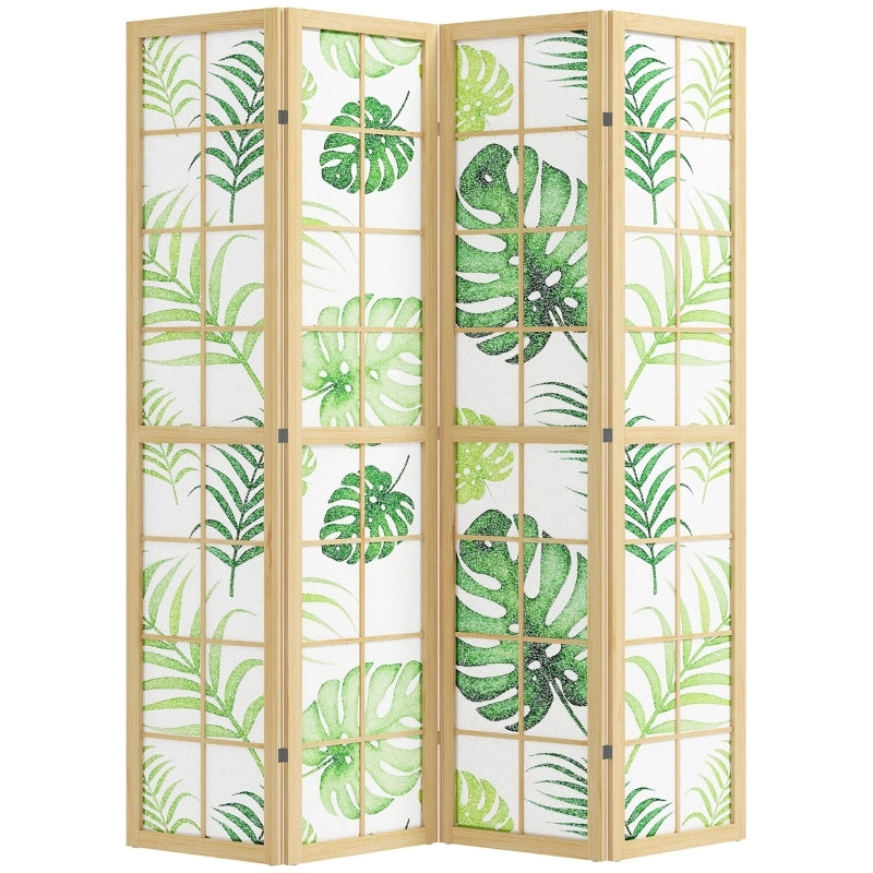 Paravento pieghevole a 4 pannelli, design boho tropicale, struttura in legno naturale, verde