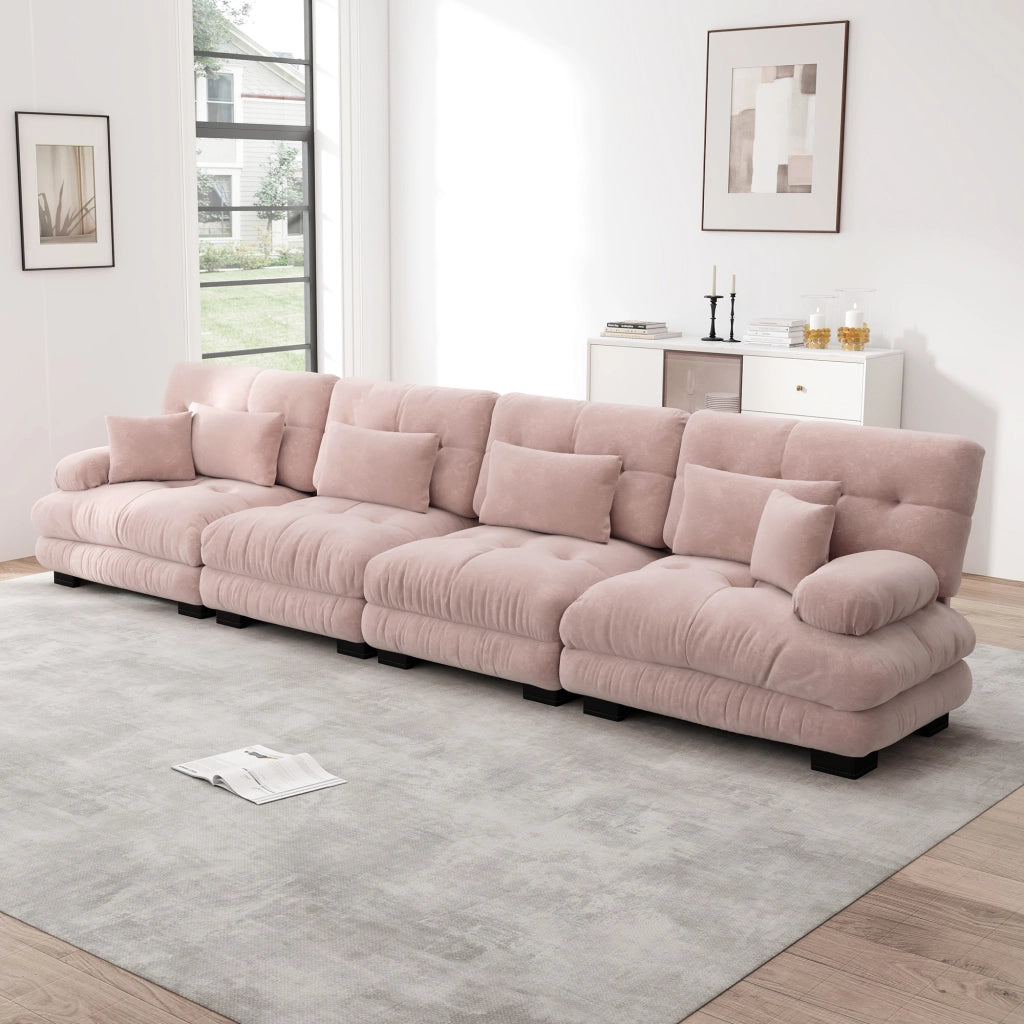 Divano angolare modulare 4 posti con seduta profonda e cuscini in chenille rosa per soggiorno e ufficio moderno