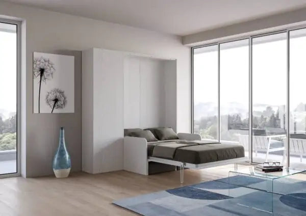 Letto matrimoniale francese a scomparsa 140 Kentaro con divano e colonna bianco frassino, grigio