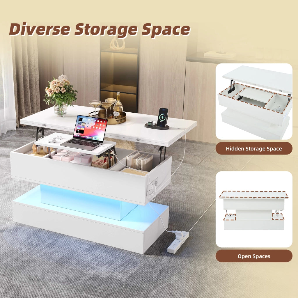 Tavolino basso sollevabile con LED e presa, vano contenitore, per soggiorno, bianco, 100 × 50 × 51,5 cm