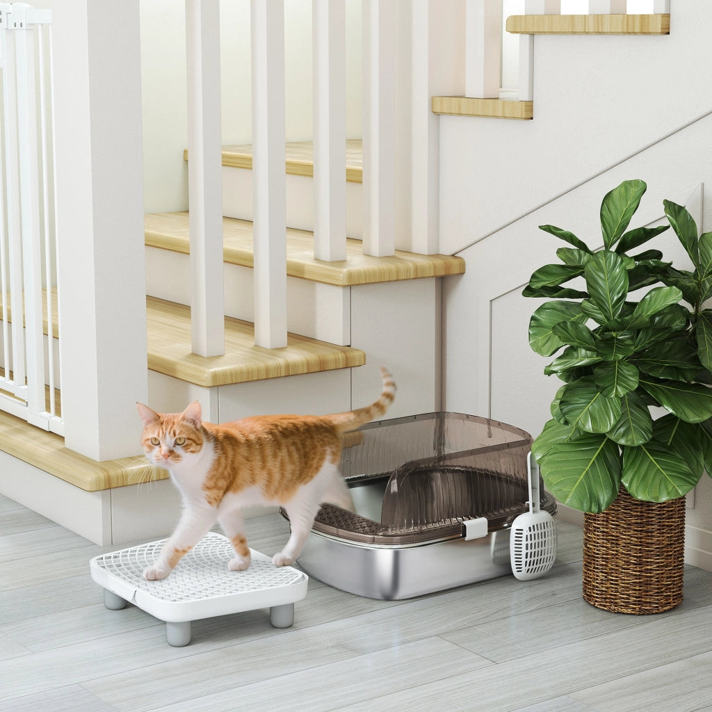 Arenero per Gatti Coperto con Vassoio in Acciaio Inossidabile ¨C Zephmum ¨C Grigio