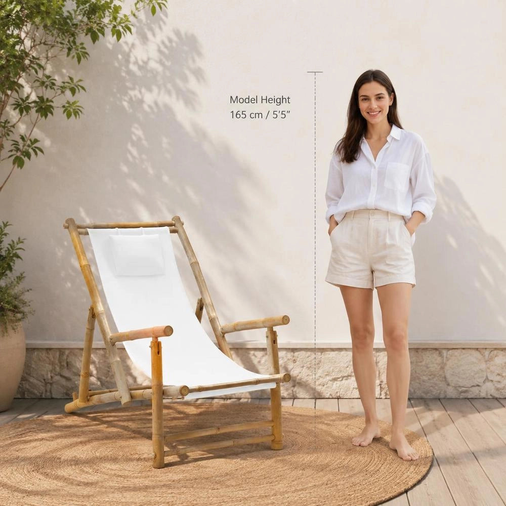 Bamboo And Cream-white Canvas Deck Chair