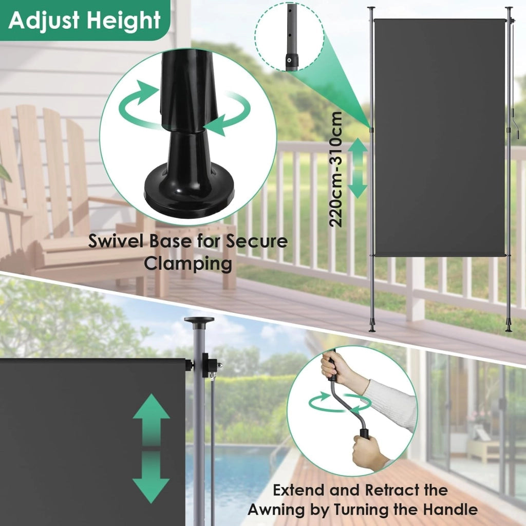Tenda da sole verticale con morsetto, 120 x 310 cm, tenda da sole verticale allungabile, senza forature, tenda da sole verticale con manovella, protezione dal vento, per balcone, giardino, 2 pezzi